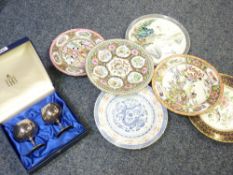 BIRKS BOXED GOBLETS, (a pair), china display plates, an assortment