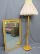 LARGE OAK FRAMED MIRROR and lightwood standard lamp, various measurements