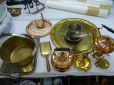 COPPER & BRASS SPIRIT KETTLE, large brass charger, 59cms D, jam pan, biscuit barrel ETC