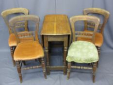 VINTAGE OAK GATE-LEG DINING TABLE & FOUR CHAIRS, various measurements