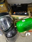 VINTAGE DESK LAMP - brass with green shade and a quantity of household including motorbike helmets
