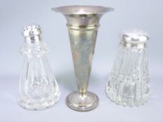 TWO CUT GLASS SILVER TOPPED SUGAR CASTERS and a flared rim trumpet vase, Sheffield and Birmingham