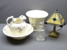 TIFFANY STYLE TABLE LAMP with pyramid shaped shade, approx 20cms W E/T and a cream coloured jug