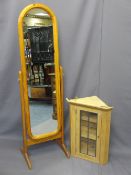MODERN PINE CHEVAL MIRROR and small glass front pine corner cupboard, various measurements