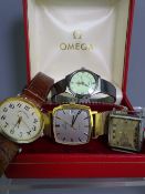 TWO OMEGA WRISTWATCHES and two others, gold plated gent's with square dial and date aperture (