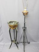 EBONIZED JARDINIERE STAND and wrought iron 'Rise and Fall' lamp, the stand with Kingwood type