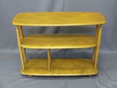 ERCOL MID-CENTURY LIGHT ELM THREE TIER STAND on wheeled castors, 75.5cms H, 91cms L, 31.5cms D