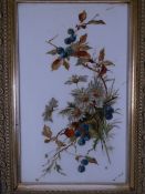 M E LLOYD oil on white porcelain - still life flowers, signed, 40 x 24cms