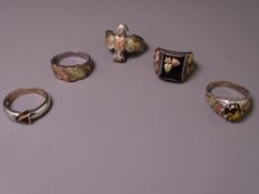 BLACK HILLS GOLD MINER'S TYPE RINGS (5) - four have various leaf designs stamped 'Sterling and
