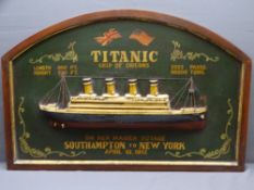 TITANIC - half model of the ship on a board with weight and measurement details ETC, 92 x 62cms