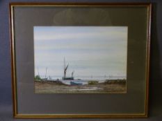 ALAN WHITEHEAD watercolour - shipping scene, moored boats with yachts in background, 22 x 31cms