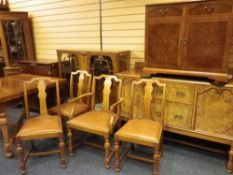EXTENSIVE VINTAGE & LATER BURR WALNUT DINING ROOM SUITE of railback sideboard, two door display