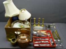 COPPER & BRASS KETTLE, brass candlesticks, silver plated napkin rings, flatware and various