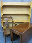 VINTAGE OAK ARMCHAIR, mahogany twin-flap table and a lightwood open bookcase, 162cms H, 131cms W,