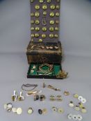 GOLD & OTHER GENT'S CUFFLINKS, military buttons, heavy copper colour bracelet ETC including a 9ct