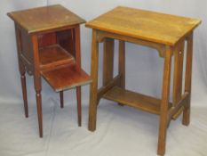 TWO VINTAGE OAK & MAHOGANY SIDE TABLES, the oak with slight Art Nouveau influence, 73cms H, 53cms W,