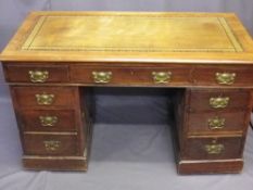 MAHOGANY TWIN PEDESTAL DESK, early 20th century with tooled leather insert, central long drawer