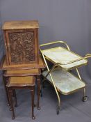 CARVED OAK SINGLE DOOR CABINET, three reproduction occasional tables and a two-tier brass effect tea
