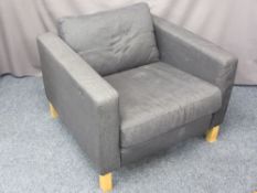MODERN SLATE GREY UPHOLSTERED CLUB TYPE ARMCHAIR, 65cms H, 90cms W, 86cms D