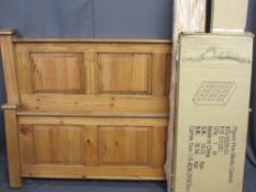 VINTAGE STYLE PINE BED FRAME, 5', and a boxed pigeon hole media cabinet, 105cms H, 163cms W, the