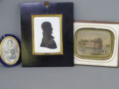 THREE MINIATURES - an oval blue velvet miniature containing an engraving of a young pigtailed girl
