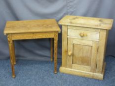 PITCH PINE CHILD'S LIDDED DESK and a single door stripped wood cabinet, various measurements