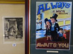 PRINTS - antique etching, an interior scene, signed in pencil, 25 x 19cms and a comical