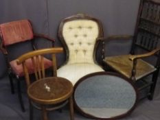 FOUR ANTIQUE & LATER CHAIRS and a mahogany string inlaid oval wall mirror to include an Edwardian