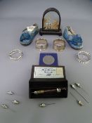EXQUISITE ANTIQUE LEATHER CHILD'S SHOES, a pair, four hallmarked silver napkin rings and other