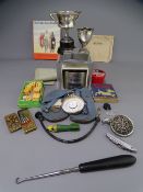 SMALL SILVER & MIXED VINTAGE COLLECTABLES including a pair of child's shoes, a quantity of dice,