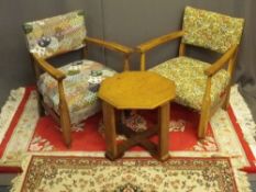 VINTAGE OAK ARMCHAIRS, a pair, a hexagonal top oak occasional table, various measurements, along