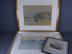 PHILLIP OSMENT two watercolours - river scene with beached boat and cottages, signed, 26 x 36cms and
