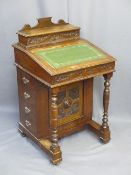 CIRCA 1900 MAHOGANY DAVENPORT with lidded stationery box top, carved and turned front detail