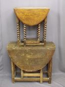 TWO VINTAGE OAK TWIN-FLAP TABLES including a neat barley twist leg example, 67cms H, 60cms L,