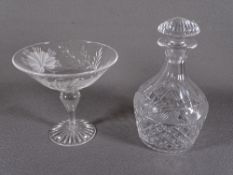 GLASSWARE - a fine hobnail cut stoppered whiskey decanter and a cut and etched pedestal dish