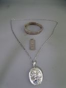 VICTORIAN & LATER SILVER JEWELLERY, THREE ITEMS, including a half bright cut bangle with safety