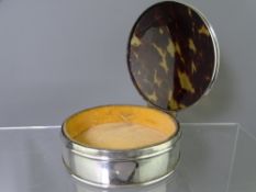 CIRCULAR SILVER & TORTOISE SHELL LIDDED BOX, Birmingham 1938, maker possibly Smith and Pepper Ltd,