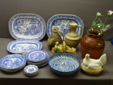 WILLOW PLATES & PLATTERS, stoneware jugs, 'hen on nest' and planters ETC