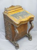CIRCA 1880 WALNUT DAVENPORT DESK with stationery box top and shaped front and satinwood lined