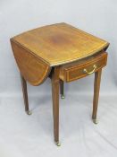 REGENCY STYLE CROSS-BANDED MAHOGANY TWIN FLAP PEMBROKE TABLE with single end drawer and decorative