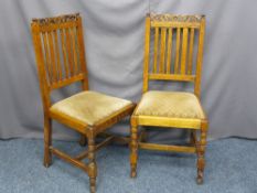 VINTAGE OAK SIDE CHAIRS, a pair, with carved crest rails and drop-in upholstered seats