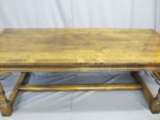 QUALITY REPRODUCTION OAK REFECTORY TABLE and six (5 + 1) vintage oak dining chairs with bobbin