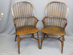 CRINOLINE STRETCHER WINDSOR ARMCHAIRS, a pair, quality reproduction with spindle hoop backs,