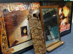 FILM POSTERS - framed 'Wild Geese II' and 'Company of Wolves', both 75cms x 1m, an African carving