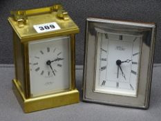 SILVER FRAMED R CARR CLOCK together with heavy brass cased carriage clock by J W Benson London