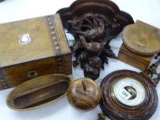 MOTHER OF PEARL DECORATED WORKBOX, other treen ware, carving and barometer