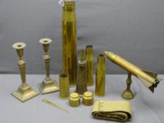 BRASS CANDLESTICKS, a well presented pair marked 'T Warner', trench art, military belt ETC