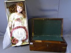 ANTIQUE WRITING SLOPE - mahogany with brass banding and a boxed porcelain headed doll