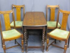 BARLEY TWIST OAK DINING TABLE and four vintage high back chairs, various measurements