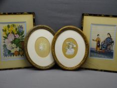 TWO CHINESE RICE PAPER PAINTINGS and FRANCIS MILES pair of oval watercolour head and shoulder